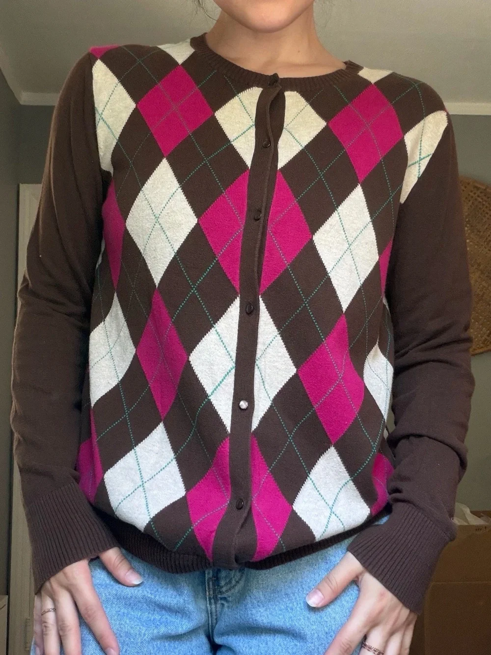 Merona Cotton Brown & Pink Argyle Button-Up Cardigan
